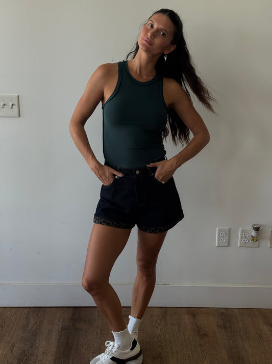 Teal Round Neck Inside Out Ribbed Tank