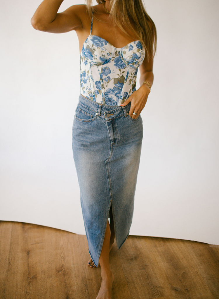 Josie Cross Button Denim Midi Skirt