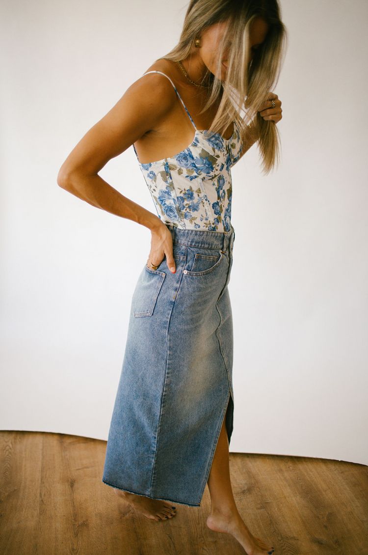 Josie Cross Button Denim Midi Skirt