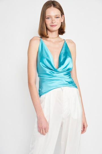 Turquoise Waters Satin Cowl Neck Top