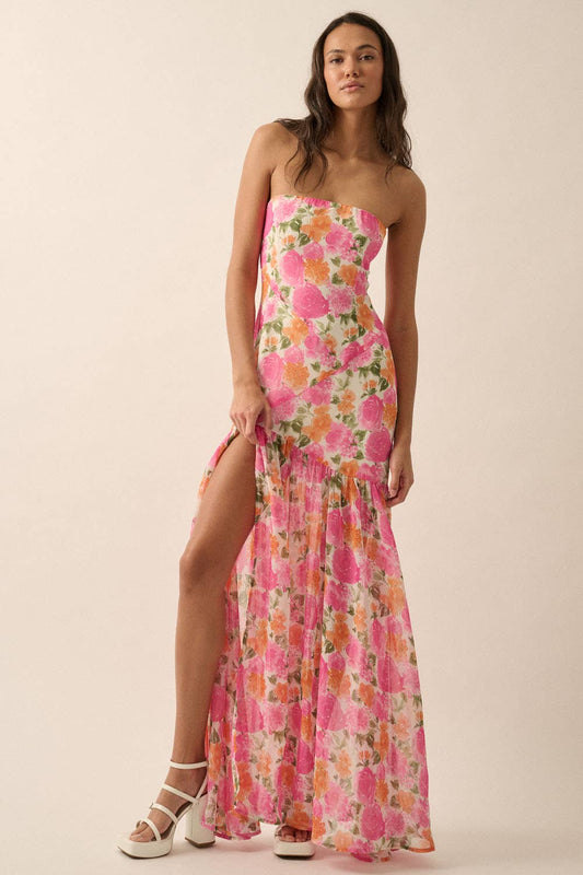 In Bloom Strapless Asymmetric Maxi