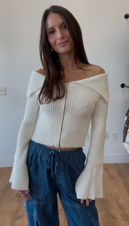 Audrey Off Shoulder Zip Up Sweater