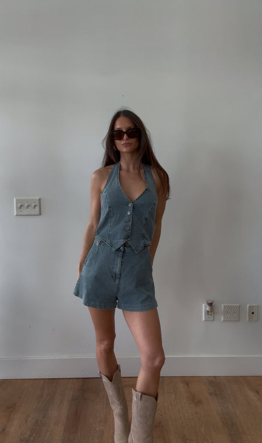 Good Heavens Denim Vested Romper