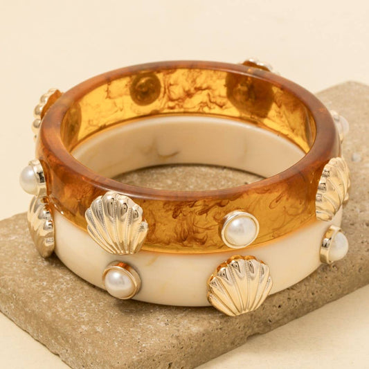 Pearl And Shell Stud Marble Resin Bangle Bracelet Set